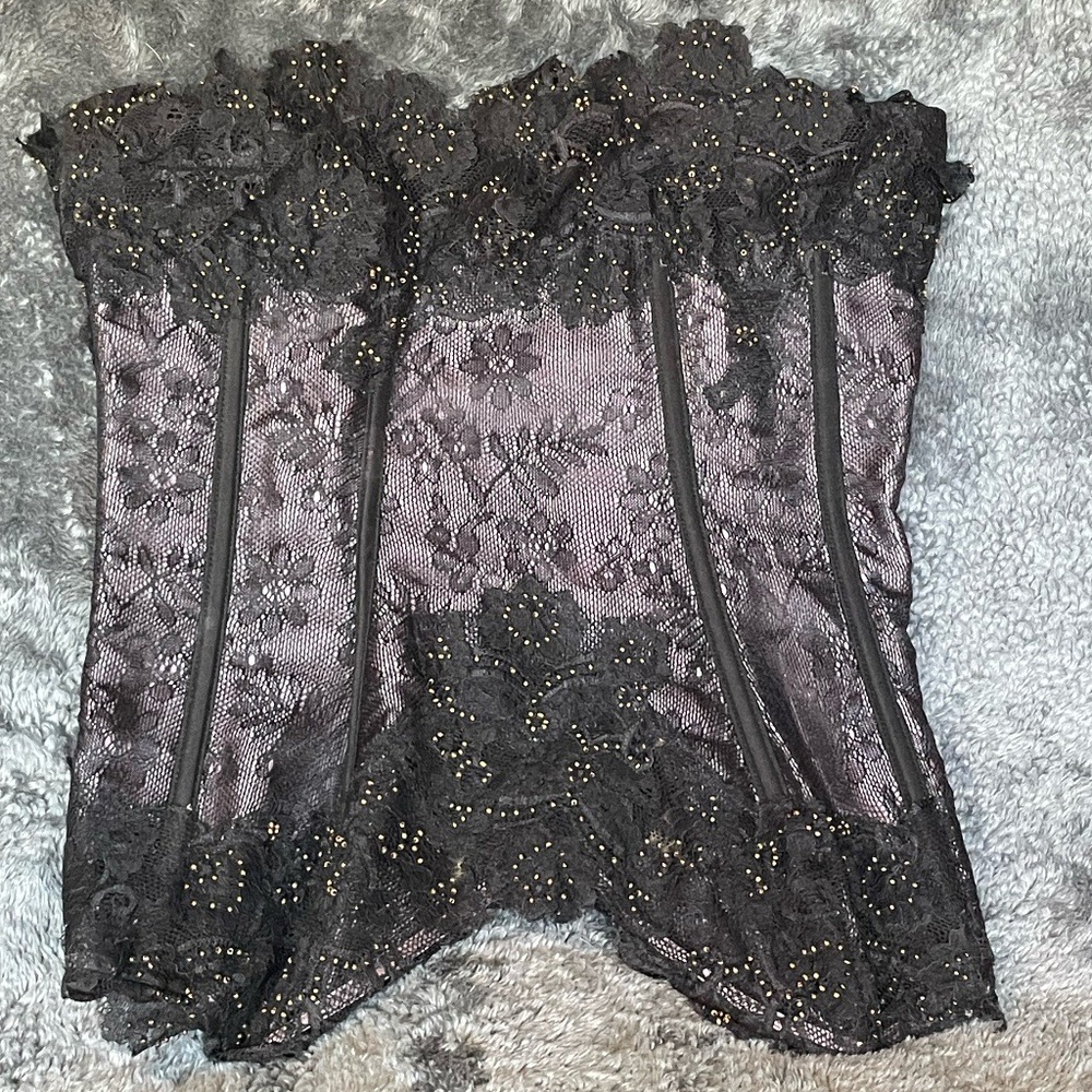 Vintage Black Lace Corset w/ Beaded Details